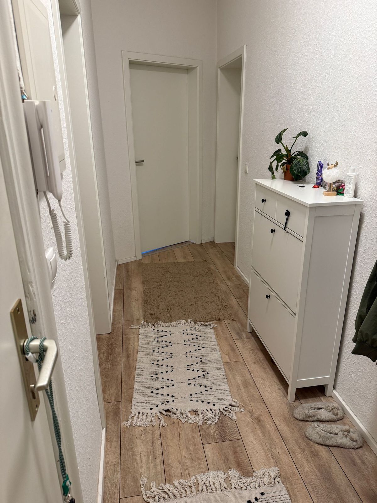 Heller Flur mit wei&szlig;en T&uuml;ren, Schuhschrank und Holzboden